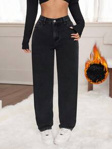 SHEIN PETITE Autumn/Winter Women's Casual Commuting Simple Solid Color High Waist Fleece Lined Skinny Jeans