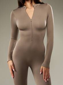 MISSGUIDED Ribbed Long Sleeve Half Zip Bodysuit Workout One Piece Activewear Exercise Ballet Full Body Jumpsuit Compression Slim Fit Athletic Gym Catsuit - Brown - View 5