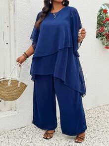 SHEIN CURVE+ 大码休闲宽松拼接雪纺袖上衣和松紧腰裤套装 - 藍色 - 查看 3