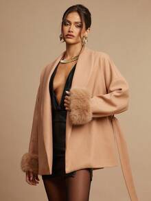 Silquee Elegant Solid Color Khaki Coat (With Belt), Autumn And Winter Women's Solid Color Fluffy Shawl Collar Long Sleeves Mid-Length Elegant Overcoat, Vintage Coat Winter And Autumn Women's Clothing Halloween Custom Women's Concert Costume Winter Women's Fur Coat Fashionable And Warm, Suitable For Parties And Outings - Khaki - View 7