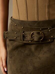MISSGUIDED Studded Mini Skirt With Belt Detail PU Leather Look Fall Winter Party Bodycon Style - Coffee Brown - View 4