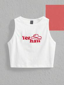 Y2Kool Morgan Mondays Co Artist Hat & Slogan Graphic Tank Top Yee Haw, For Summer, 95% Cotton, For Holiday, Vacation, Beach, Going Out, Festival, Ibiza Fits, Western Wear Autumn Matching Idea Casual Stylish Clothing Collection New Year Outfits