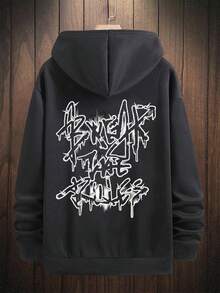 100%Cotton Men Slogan Graphic Pocket Drawstring Hoodie - Dark Grey - View 3