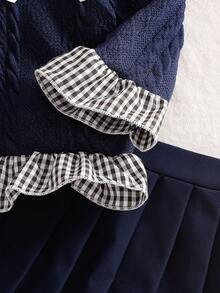 SHEIN 2件套女婴2025春秋长袖格子拼布上衣+黑色裙子套装