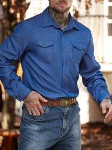 Manfinity Nomadique Casual Fashionable Retro Versatile Long Sleeve Solid Color Men's Shirt Blue Shirt Button-Down Fit Western Shirt, Fall - Blue - View 5