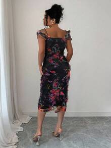 Elenzga 大码女式优雅浪漫随机花卉印花褶饰腰部中长连衣裙，适合婚礼、派对、约会和春夏季休闲外出 - 黑色 - 查看 2