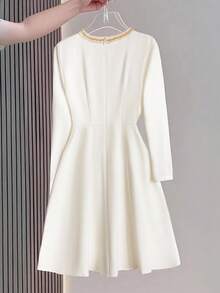 SHEIN Franclia Women's Elegant Mid-Length Dress With Long Sleeves, Button Design And Woven Tape Patchwork Fall Cloth For Women - White - View 2