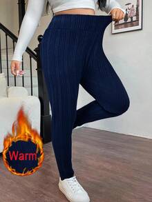 SHEIN EZwear 大码黑色高腰休闲紧身裤，秋冬保暖 - 藏蓝色 - 查看 5