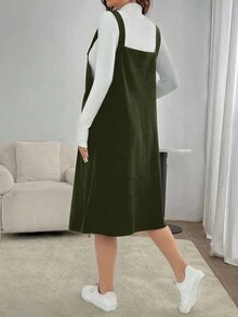 SHEIN 孕妇装翻领口袋吊带直筒长裙 - 軍綠色 - 查看 2