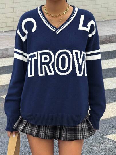 Áo len dệt kim tay dài dáng rộng cổ chữ V màu xanh dương và trắng cho bé gái tuổi teen, phong cách đường phố thường ngày, họa tiết hoa văn học Mỹ, mùa xuân, mùa thu và mùa đông, mùa tựu trường