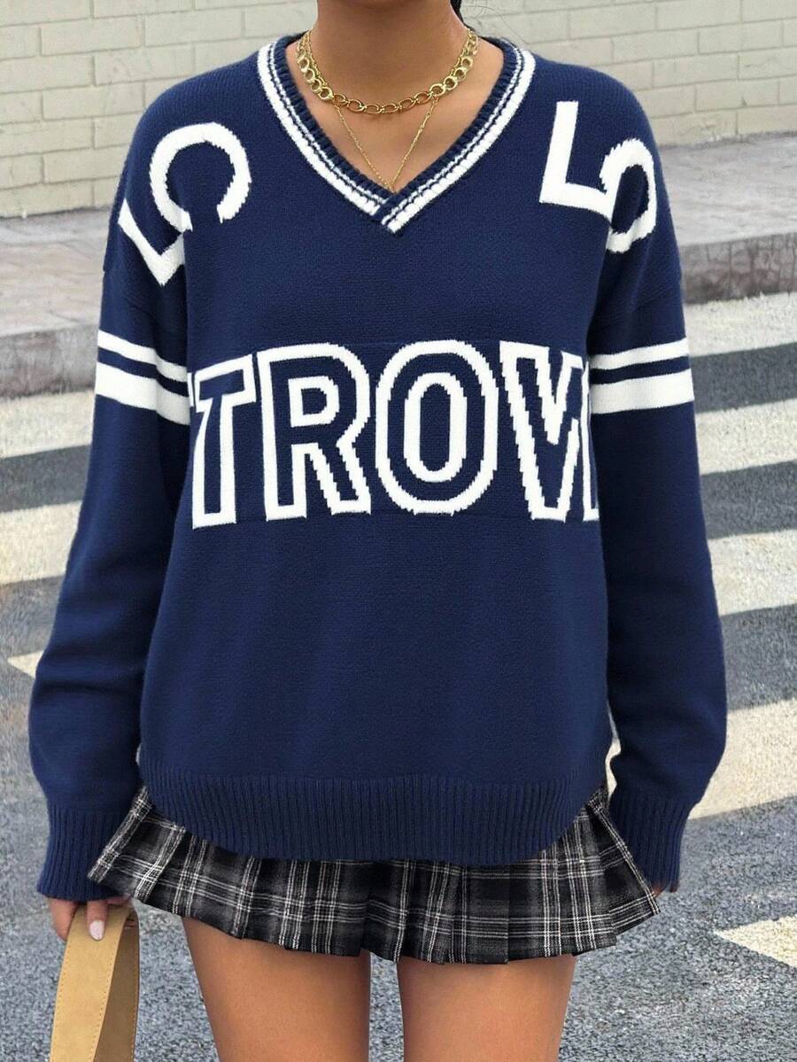 Pulover cu mânecă lungă, tricotat jacquard, cu decolteu în V, albastru și alb, contrastant, pentru fete adolescente, primăvară, toamnă și iarnă, sezonul de la școală - Albastru si alb - Vizualizare 1