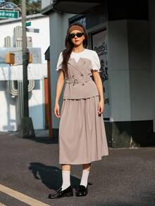 Hanevo 2pcs/Set Teen Girl Office Style White Patchwork Apricot Short Sleeve Pleated Maxi Dress, Spring/Summer - Khaki - View 3