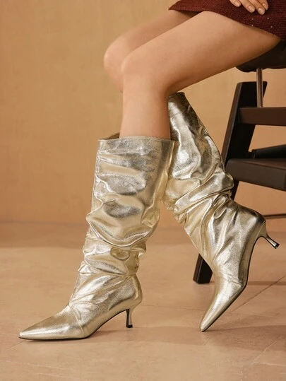 MOTF 2026 NEW POINTED TOE RUCHED KNEE-HIGH BOOTS, SLIM HEEL WIDE CALF WOMEN BOOTS