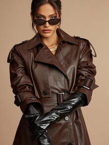 Silquee Women's Coffee Brown Casual Long Sleeve Button Collar Long Trench Coat High Quality Lined Trench Coat Autumn And Winter Women's Halloween Custom Women's Cat Women's Casual Lapel Button PU Coat, Autumn And Winter Imitation Fur Coat, Autumn And Winter Women's Solid Color Winter Fashion PU Coat Jacket Women Christmas, Thanksgiving Suitable For Going Out For Commuting Or Party And Other Occasions,Fall,Brown Jacket - Coffee Brown - View 8