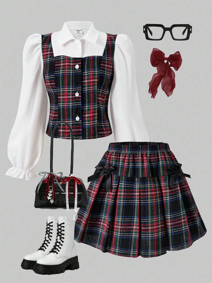 SHEIN Sparklyn Tween Girls Plaid Collared Puff Sleeve Cardigan Top With Elastic Waist Pleated Skirt, Academic Style For Spring & Autumn Fall Winter