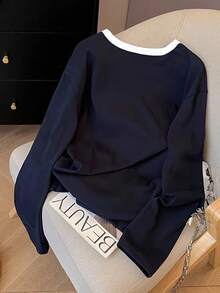 Resyla 蝴蝶结刺绣圆领落肩长袖宽松女士T恤