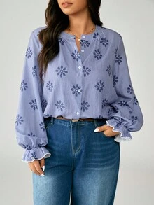 EMERY ROSE 大码女式格子花卉印花长袖单排扣宽松衬衫 - 藍色 - 查看 7