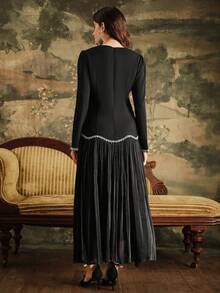 Anewsta Women's Long Dress With Rhinestone Chain And Hem Patchwork Design, Elegant And Fashionable - Black - View 2