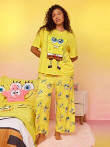 SpongeBob SquarePants | SHEIN Plus Size Cartoon Graphic Drop Shoulder Oversize Top & Pants Pajama Set