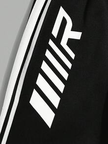 SHEIN 青少年男孩立领运动丝带装饰撞色字母印花长袖上衣和裤子套装，休闲校园风格，舒适、时尚、百搭、面料柔软，适合日常穿着、上学、郊游、户外活动 - 黑色 - 查看 6