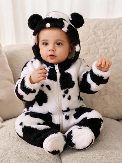 SHEIN Newborn Baby Boy/Girl Toddler Thick Fleece Cow Print Romper, Comfortable Versatile Simple Cow Style All-Match Outfit, Suitable For Indoor, Outdoor, Daily, Sports, Play, Party, Photo Shoot, Holiday, Halloween, Autumn/Winter Baby Cow Jumpsuit Baby Cow Costume Baby Fleece Jumpsuit Winter Baby Clothes Fall