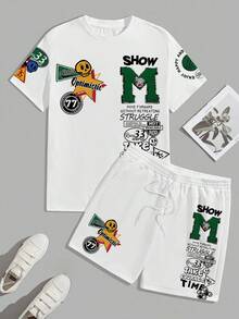 Manfinity Homme 男士休闲简约滑板骷髅“秀出快乐时光”图案圆领短袖T恤套装，适合夏季运动，舒适装扮 - 白色 - 查看 2