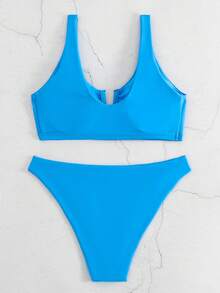 SHEIN Swim Basics Summer Beach Plain Notched Neck Bikini Set - Blue - View 3