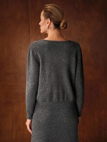 MOTF PREMIUM CONTRAST SEQUINS NOTCH NECK SOLID SWEATER