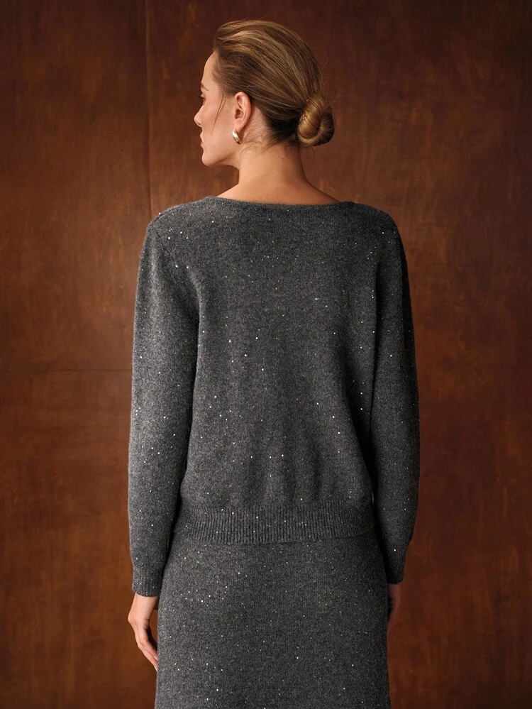 CONTRAST SEQUINS NOTCH NECK SOLID SWEATER