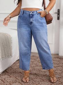 EMERY ROSE Quần jean ống loe cạp cao dáng rộng thoải mái cho nữ cỡ lớn - Màu xanh lam - Xem 3