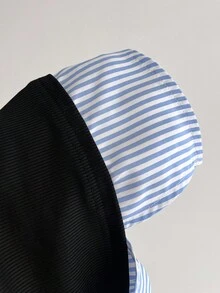 Elamini 1 件女式黑白条纹针织弹力修身长袖衬衫，分层外观，简约学院风，适合办公室、通勤、休闲穿着 - 彩色 - 查看 5