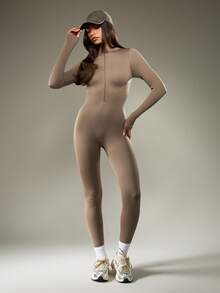 MISSGUIDED Ribbed Long Sleeve Half Zip Bodysuit Workout One Piece Activewear Exercise Ballet Full Body Jumpsuit Compression Slim Fit Athletic Gym Catsuit - Brown - View 1