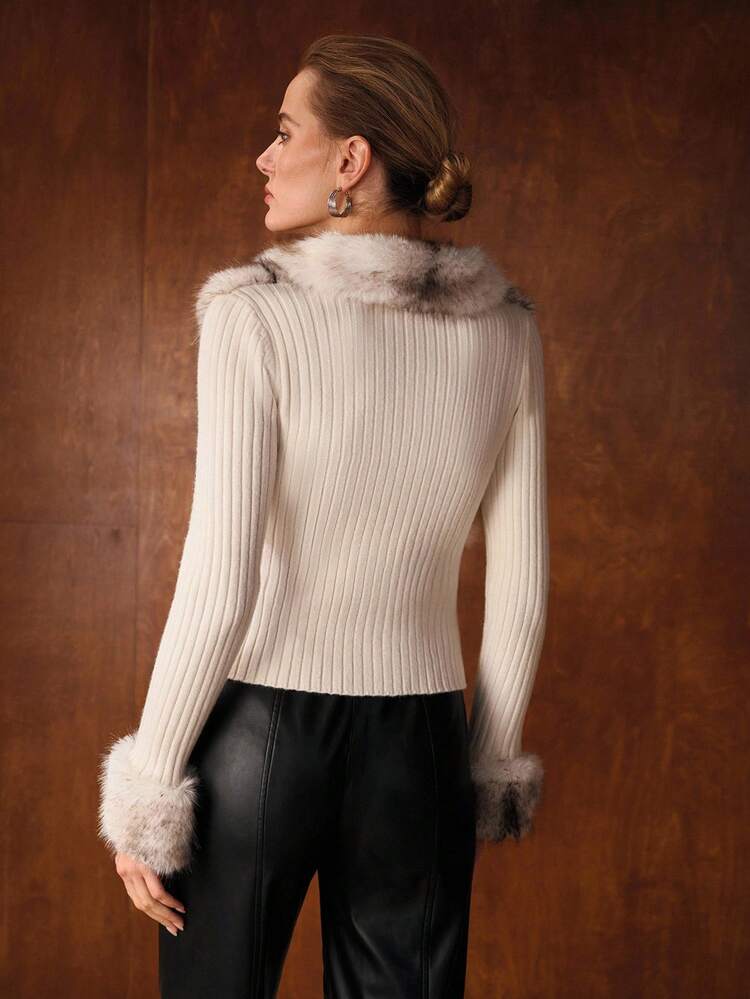 CONTRAST FUZZY PANEL ZIP PLACKET CARDIGAN