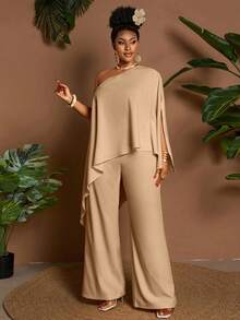 Maweii 大码两件套：不对称下摆宽松休闲度假上衣和短裤，黄色 - 卡其色 - 查看 4