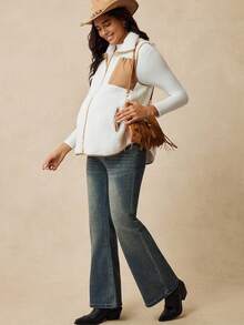 Boho Mama 孕妇休闲度假西式撞色拉链口袋无袖泰迪羊毛轻便保暖背心夹克，秋冬 - 白色 - 查看 3