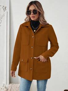 SHEIN LUNE 女式纯色长袖单排扣休闲口袋夹克，秋季 - 卡其色 - 查看 4