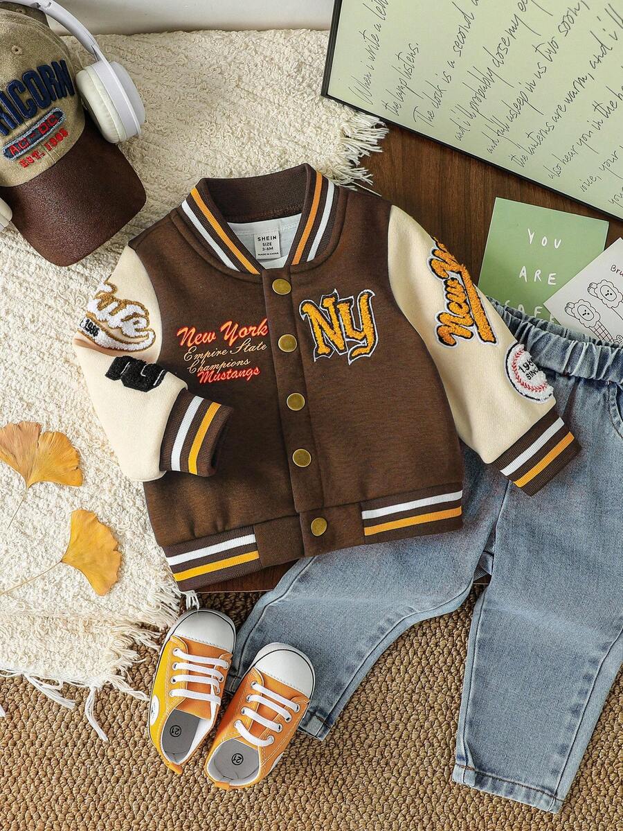 SHEIN Baby Boy Letter Badge Casual Baseball Jacket, Cool Street Style, Suitable For Daily Outings, College, Matching, Party Varsity Infant Autumn Brown - Brown - View 1