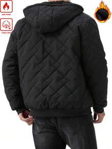 Manfinity Homme Men's Solid Color Long Sleeve Zip Front Drawstring Hooded Casual Winter Coat, Quilted Outerwear, Fall - Black - View 3