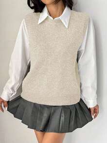 SHEIN Unity Women's Casual Versatile Solid Color Knit Vest - Beige - View 4