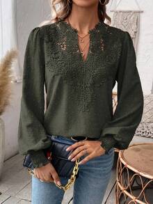EMERY ROSE Women's Embroidered Collar Decor Lantern Sleeve Long Sleeve Elegant Formal Casual Blouse Fall Cloth For Women - Army Green - View 5