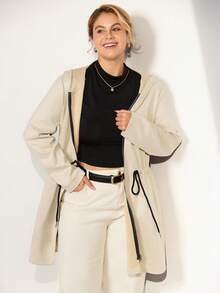 Momelise Neue Damen Jacke in Große Größen für Herbst/Winter, lässig mit Kapuze, Kordelzug, knielang in Beige, mit Taschen und Reißverschluss, tailliert, minimalistisch & vielseitig - Aprikosenfarben - Übersicht 3