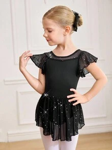 SHEIN 女童无袖紧身连衣裤，带荷叶边腰带蝴蝶结，校园比赛芭蕾舞裙，儿童可爱亮片网眼芭蕾舞裙，舞蹈连体衣 - 黑色 - 查看 5