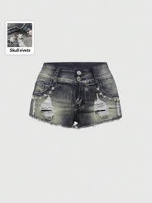 ROMWE J-Fashion Y2K sexy vintage verwaschene Denim-Shorts mit Totenkopf-Nieten für Frauen mit tiefer Taille - Verschiedenfarbig - Übersicht 1
