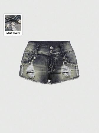 J-Fashion Pantaloncini di jeans a vita bassa con teschio vintage rovinato e borchie, in stile Y2K per donne
