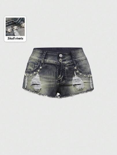 J-Fashion Pantaloncini di jeans a vita bassa con teschio vintage rovinato e borchie, in stile Y2K per donne