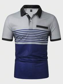 Manfinity Homme 男士彩色條紋polo衫，帶圖形块工作時尚元素，爸爸和我風格一致 - 彩色 - 查看 4