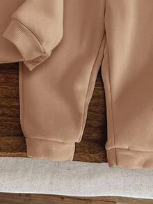 SHEIN Happikins ModeFlare Wear Baby Girl Cute Minimalistic Love English Text Knitted Soft Thick Hoodie Sweatshirt Outfit, Suitable For Autumn/Winter Fall - Khaki - View 4