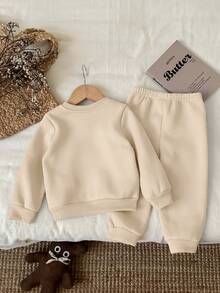 SHEIN Süßer Baby Mädchen gestrickter weicher Pullover Sweatshirt & Hose Set, dickes Lässig Outfit geeignet für Herbst/Winter, Herz, Schleife Dekor, Beige - Beige - Übersicht 2