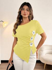Vionelle 大码女童休闲3D花卉荷叶边腰部不对称下摆短袖T恤 - 黃色 - 查看 3