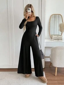 Easowa 2 件套：方领贴袋修身阔腿连体裤休闲宽松优雅办公室女士裤套装 - 黑色 - 查看 4